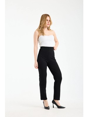 Win Moda Winmoda Kadın Pantolon Yüksek Bel Siyah Ofis Pantolonu Çelik Interlok Esnek Klasik Kesim Nervürlü S-Xl