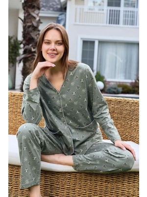 Aydoğan Kadın Fidan Kroşetalı Düğmeli Cepli Çağla Yeşil Pijama Takım 0743