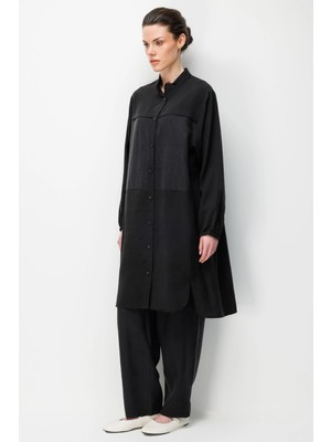 Micca %80 Doğal Lyocell Dökümlü Soft Hissiyat  Ön Beden Özel Dokuma Desen Pantalon ve Maxi Tunik Takım-Siyah