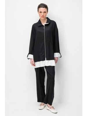 Micca %100 Doğal Lyocel Dökümlü Soft Hissiyat Marin Garni Detay Pantolon ve Maxi Tunik Kombin Takım-Siyah