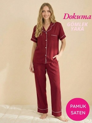 Seamlife Kadın Maskülen Önden Düğmeli Gömlek Yaka Dokuma %100 Pamuk Saten Göğüs Cepli Kısa Kol Pijama Takımı