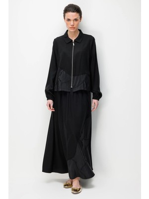 Micca %100 Doğal Lyocel Dökümlü Soft Hissiyat Aller Elişi Nakışi Şleme Etek ve Maxi Ceket Kombin Takım-Siyah