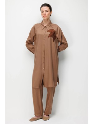 Micca %100 Doğal LyoCEL Dökümlü Soft Hissiyat Flora Nakış ve Taş Detaylı Pantalon Kombin Takım-Kahve