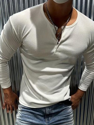 Oksit Mecho Erkek Slim Fit Likralı Henley Yaka Uzun Kollu Tişört - Düğmeli Esnek Kumaş