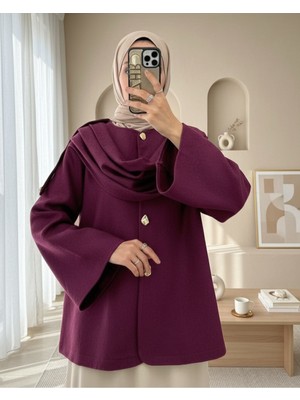 Moda Morfo Şal Detaylı Kışlık Keçe Ceket -Mürdüm