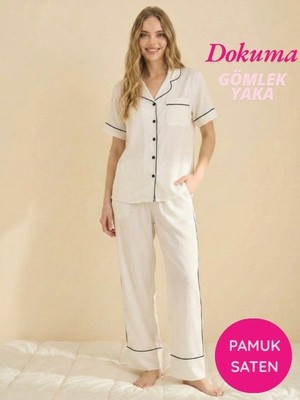 Seamlife Kadın Beyaz Maskülen Önden Düğme Gömlek Yaka Dokuma %100 Pamuk Saten Göğüs Cepli Kısa Kol Pijama Takımı