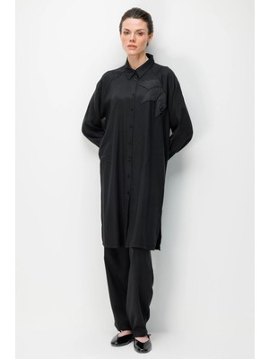 Micca %100 Doğal LyoCEL Dökümlü Soft Hissiyat Flora Nakış ve Taş Detaylı Pantalon Kombin Takım-Siyah