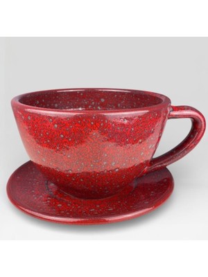 AdenArt Büfelik Büyük Boy Toprak Saksı Kahve Fincanı-El Yapımı Dekoratif Tabaklı Saksı Kırmızı 26*18 cm