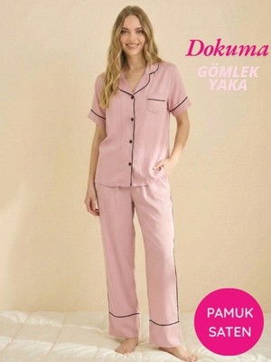 Seamlife Kadın Gül Kurusu Maskülen Önden Düğme Gömlek Yaka Dokuma %100 Pamuk Saten Göğüs Cepli Kısa Kol Pijama Takımı