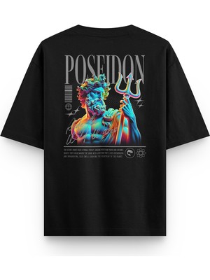 Overoz Poseidon Sırt Baskılı Yarı Oversize Unisex Siyah Tshirt 1406