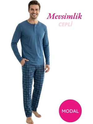 Guava Erkek Modal 3 Düğmeli Ekose Desenli Pamuk Likra Mevsimlik Manşetli Uzun Kol Cepli Pijama Takımı