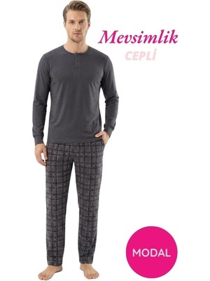 Guava Erkek Modal 3 Düğmeli Ekose Desenli Pamuk Likra Mevsimlik Manşetli Uzun Kol Cepli Pijama Takımı