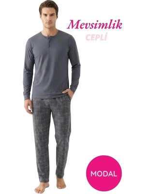 Guava Erkek Modal 3 Düğmeli Ekose Desenli Pamuk Likra Mevsimlik Manşetli Uzun Kol Cepli Pijama Takımı