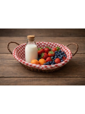 Visluna Hasır Piknik Sepeti Kulplu Bezli Oval Ekmek Sepeti Çok Amaçlı Sepet 27X21X8