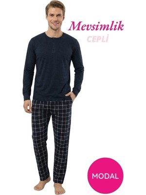 Bie's Erkek Lacivert Modal Düğmeli Ekose Desen Pamuk Likra Mevsimlik Manşetli Uzun Kol Cepli Pijama Takımı