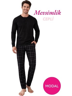 Guava Erkek Siyah Modal 3 Düğmeli Ekose Desen Pamuk Likra Mevsimlik Manşetli Uzun Kol Cepli Pijama Takımı