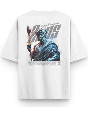 Overoz Zeus Sırt Baskılı Yarı Oversize Unisex Beyaz Tshirt 1405