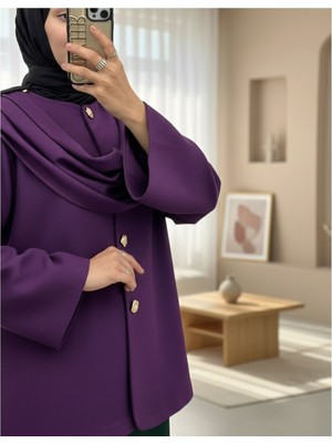 Modamorfo Şal Detaylı Kışlık Keçe Ceket -Mor