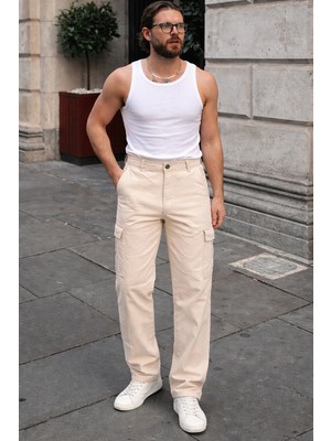 Comstar Erkek Günlük Kargo Cep Bej Baggy Pantolon