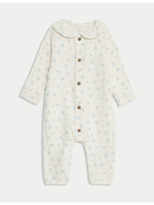 Marks & Spencer Saf Pamuklu Çiçek Desenli Tulum (0-12 Ay)