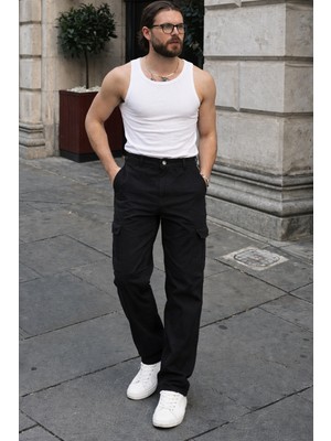 Comstar Erkek Günlük Kargo Cep Siyah Baggy Pantolon