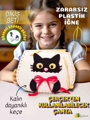 Kabajur Çocuklar Için Eğitici Geliştirici Keçe Çanta Dikiş Seti – Siyah Kedi Tasarımlı Çocuk Hobi Kiti, Sepette Kedi Çanta Dikiş Seti