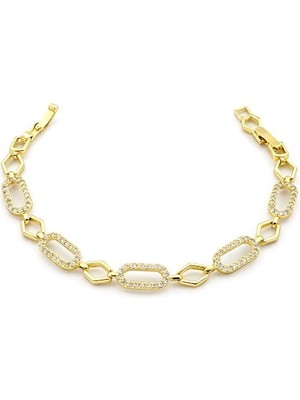 Brezza Lusso Jewelry Zirkon Oval Halka Zincir Kaplama Kadın Bileklik