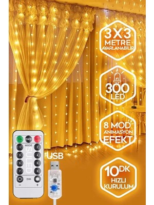 Auta Perde LED 300 LED Işık 10 Sarkıt 8 Mod Uzaktan Kumandalı 3x3 Metre Peri Telli