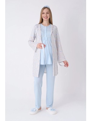Erdeniz Tekstil Hamile Pijama ve Sabahlık Takımı 3’lü – Lohusa Pijama Bisiklet Yaka Çizgili Desenli Pamuk Viskoz