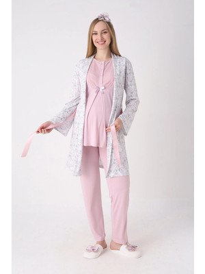 Erdeniz Tekstil Desenli Sabahlık ve Düğmeli Yaka Detaylı Hamile Pijama ve Sabahlıklı Penye Pamuk Pijama Takımı