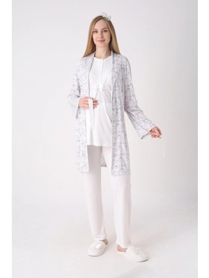 Erdeniz Tekstil Desenli Sabahlık ve Düğmeli Yaka Detaylı Hamile Pijama ve Sabahlıklı Penye Pamuk Pijama Takımı