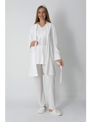 Erdeniz Tekstil Hamile Lohusa 3’lü Pijama & Sabahlık Seti – Fiyonk Desenli Jakarlı Kumaş, Emzirme, Viskoz-Pamuk