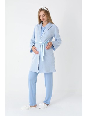Erdeniz Tekstil Lohusa ve Hamile Pijama ve Jakarlı Çizgili Sabahlık Takımı Önü Düğmeli Uzun Kollu Pijama 3'lü Takım