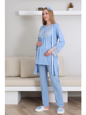 Erdeniz Tekstil Kısa Kol Bisiklet Yaka Hamile & Lohusa Pijama Takımı / 3 Parça Pijama ve Sabahlıklı Hamile Giyim