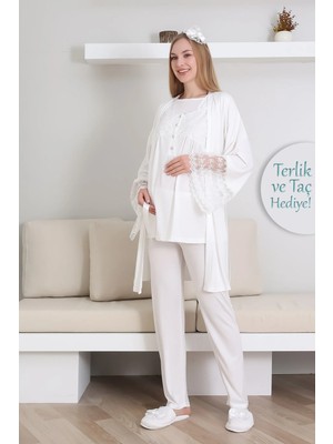 Erdeniz Tekstil Emzirme Düğmeli Hamile Pijama Takımı/ Dantel Sabahlıklı Lohusa Pijama Takım/ Terlik ve Taç Hediyeli