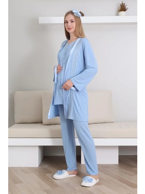 Erdeniz Tekstil Hamile Pijama Takım / Kısa Kol Pijama Uzun Dantel Detay Sabahlık Takım / Lohusa Pamuklu Pijama
