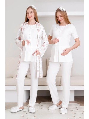 Erdeniz Tekstil Pijama ve Sabahlık Takımı / 3'lü Lohusa & Hamile Takımı / Kısa Kollu, Önü Düğmeli Pijama