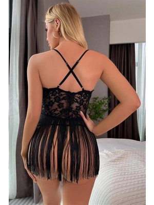 Aria's Closet Arias Closet Siyah Püsküllü Dantel Detaylı Fantezi Gecelik