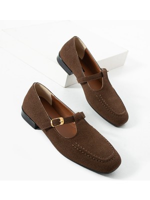 Kadın Kahve Süet Tokalı Kemerli Düz Taban Günlük Loafer Babet Ayakkabı Nera