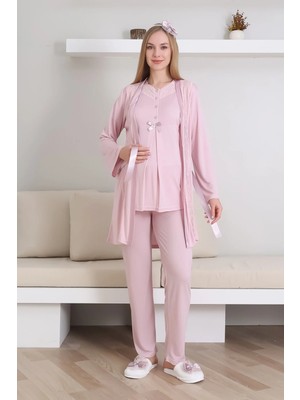 Erdeniz Tekstil Hamile Pijama Takım / Kısa Kol Pijama Uzun Dantel Detay Sabahlık Takım / Lohusa Pamuklu Pijama