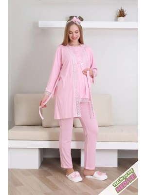 Erdeniz Tekstil Hamile Pijama Takımı Düğmeli Dantel Şeritli Emzirme / Tesettür Için Uygun / Terlik ve Taç Hediyeli