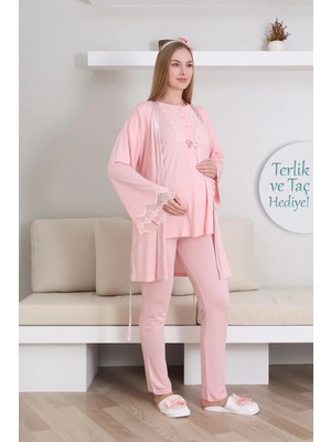 Erdeniz Tekstil Hamile Kısa Kol Pijama ve Uzun Kol Sabahlık Takım/ Düğme Dantel Yaka ve Kol / Terlik ve Taç Hediyeli