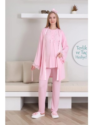 Erdeniz Tekstil Hamile Kısa Kol Pijama ve Uzun Kol Sabahlık Takım/ Düğme Dantel Yaka ve Kol / Terlik ve Taç Hediyeli