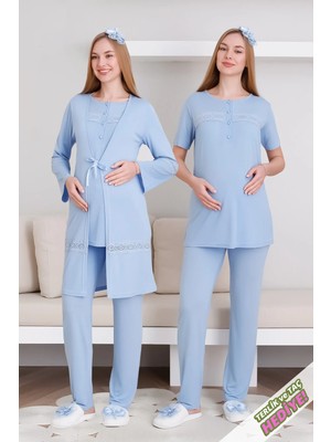Erdeniz Tekstil Hamile & Lohusa Pijama Takımı Sabahlıklı Dantel Detaylı ve Önü Düğmeli / Terlik ve Taç Hediyeli
