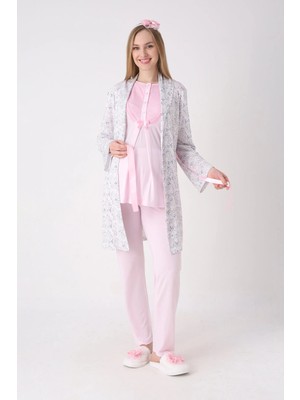Erdeniz Tekstil Desenli Sabahlık ve Düğmeli Yaka Detaylı Hamile Pijama ve Sabahlıklı Penye Pamuk Pijama Takımı