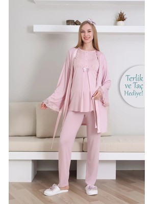 Erdeniz Tekstil Hamile Kısa Kol Pijama ve Uzun Kol Sabahlık Takım/ Düğme Dantel Yaka ve Kol / Terlik ve Taç Hediyeli