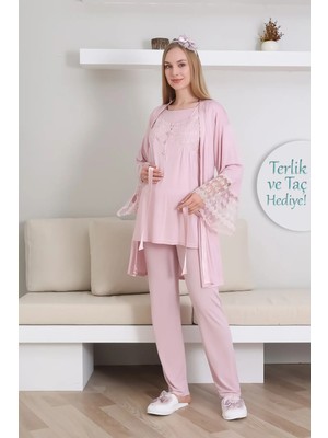 Erdeniz Tekstil Emzirme Düğmeli Hamile Pijama Takımı/ Dantel Sabahlıklı Lohusa Pijama Takım/ Terlik ve Taç Hediyeli