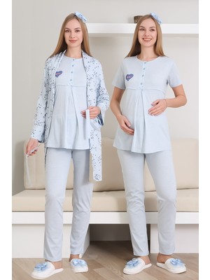 Erdeniz Tekstil Hamile Pijama Takımı Melanj Kumaş Önü Düğmeli Nakışlı - Desenli Emzirme Için Uygun 3'lü