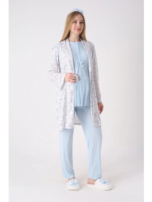 Erdeniz Tekstil Desenli Sabahlık ve Düğmeli Yaka Detaylı Hamile Pijama ve Sabahlıklı Penye Pamuk Pijama Takımı
