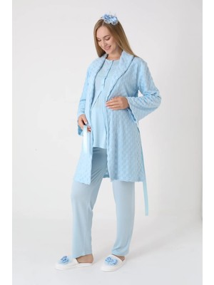 Erdeniz Tekstil Hamile Giyim 3'lü Pijama ve Sabahlıklı Takım - Kareli Jakarlı Sabahlıklı Lohusa Düğmeli Pamuk Pijama